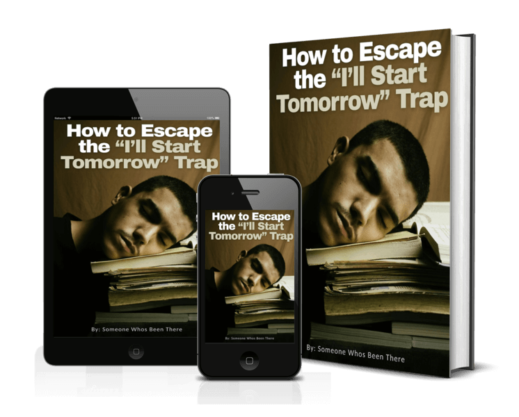 Book titled 'How to Escape the 'I'll Start Tomorrow' Trap' displayed on a tablet, phone, and physical book.
