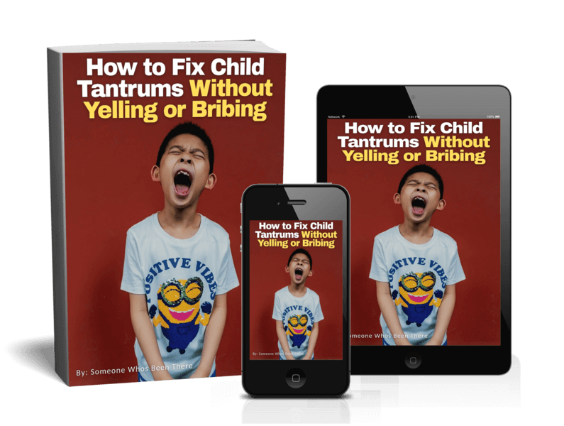 Book, smartphone, and tablet displaying 'How to Fix Child Tantrums Without Yelling or Bribing' on a white background