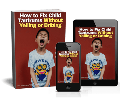 Book, smartphone, and tablet displaying 'How to Fix Child Tantrums Without Yelling or Bribing' on a white background