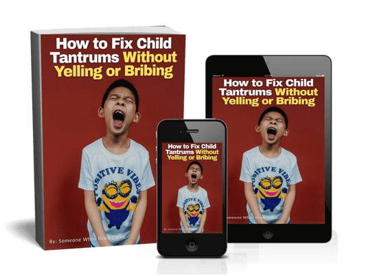 Book, smartphone, and tablet displaying 'How to Fix Child Tantrums Without Yelling or Bribing' on a white background