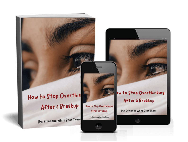 Book, smartphone, and tablet displaying 'How to Stop Overthinking After a Breakup' on a white background