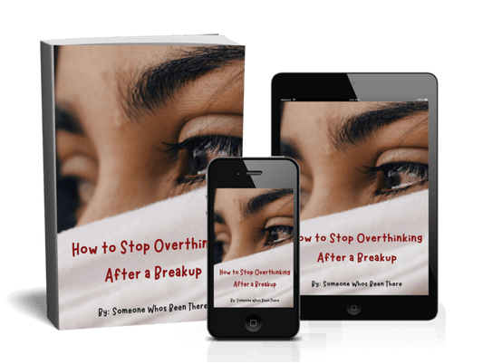 Book, smartphone, and tablet displaying 'How to Stop Overthinking After a Breakup' on a white background