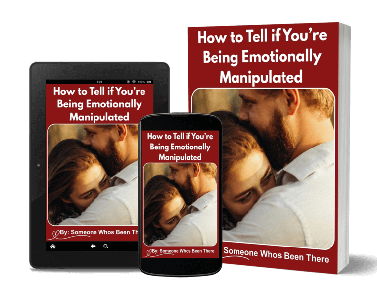 Book, tablet, and smartphone displaying 'How to Tell if You're Being Emotionally Manipulated' on a white background