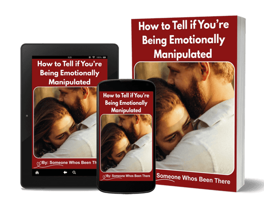 Book, tablet, and smartphone displaying 'How to Tell if You're Being Emotionally Manipulated' on a white background