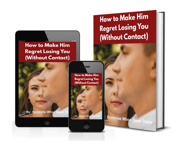 Book titled 'How to Make Him Regret Losing You (Without Contact)' displayed with digital versions on a tablet and phone.