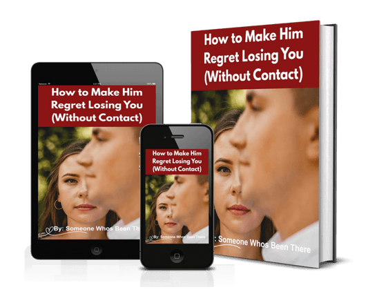 Book titled 'How to Make Him Regret Losing You (Without Contact)' displayed with digital versions on a tablet and phone.