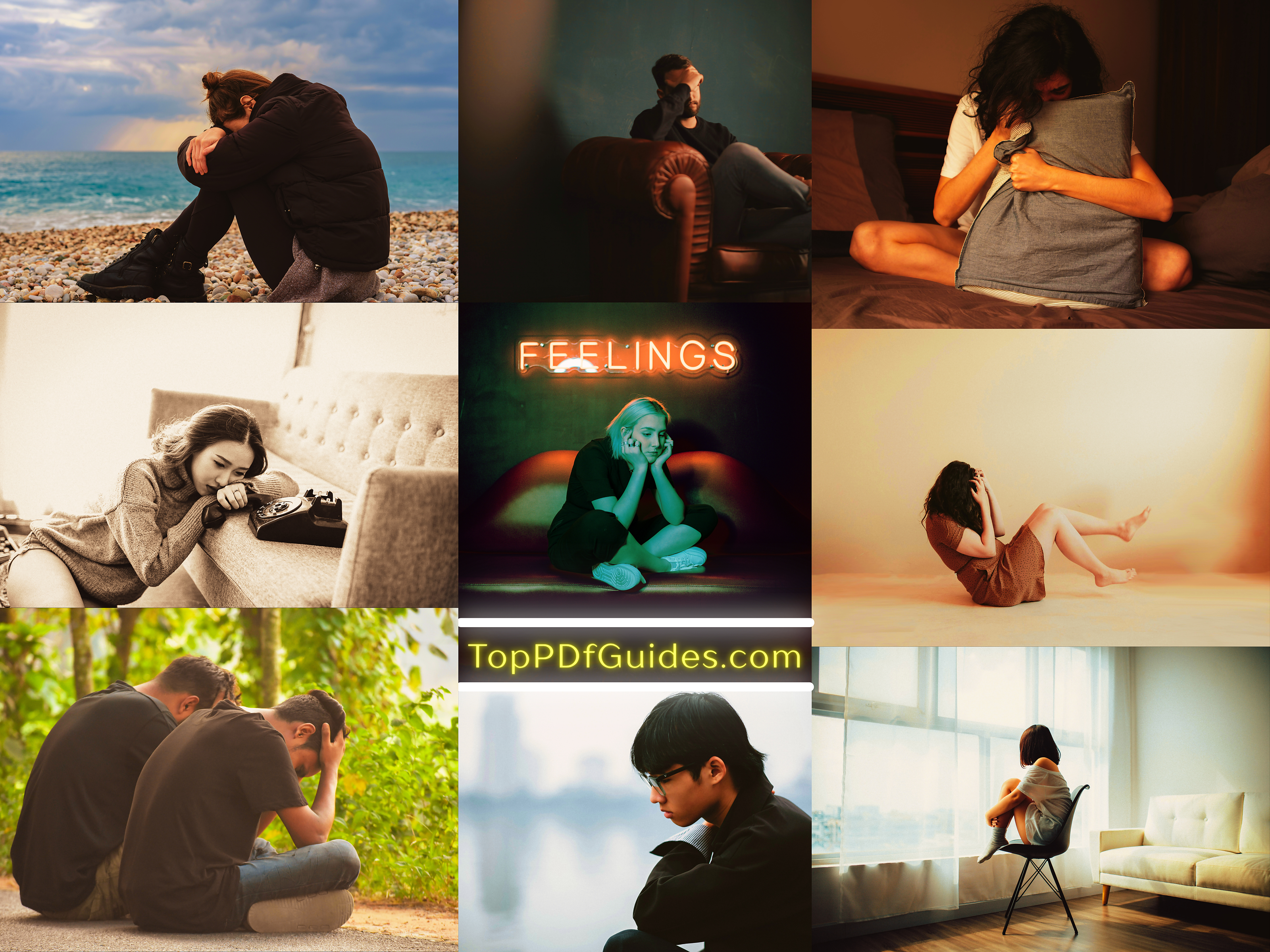 Collage of people in various emotional states with a central image labeled 'FEELINGS' and 'TopPdfGuides.com'.