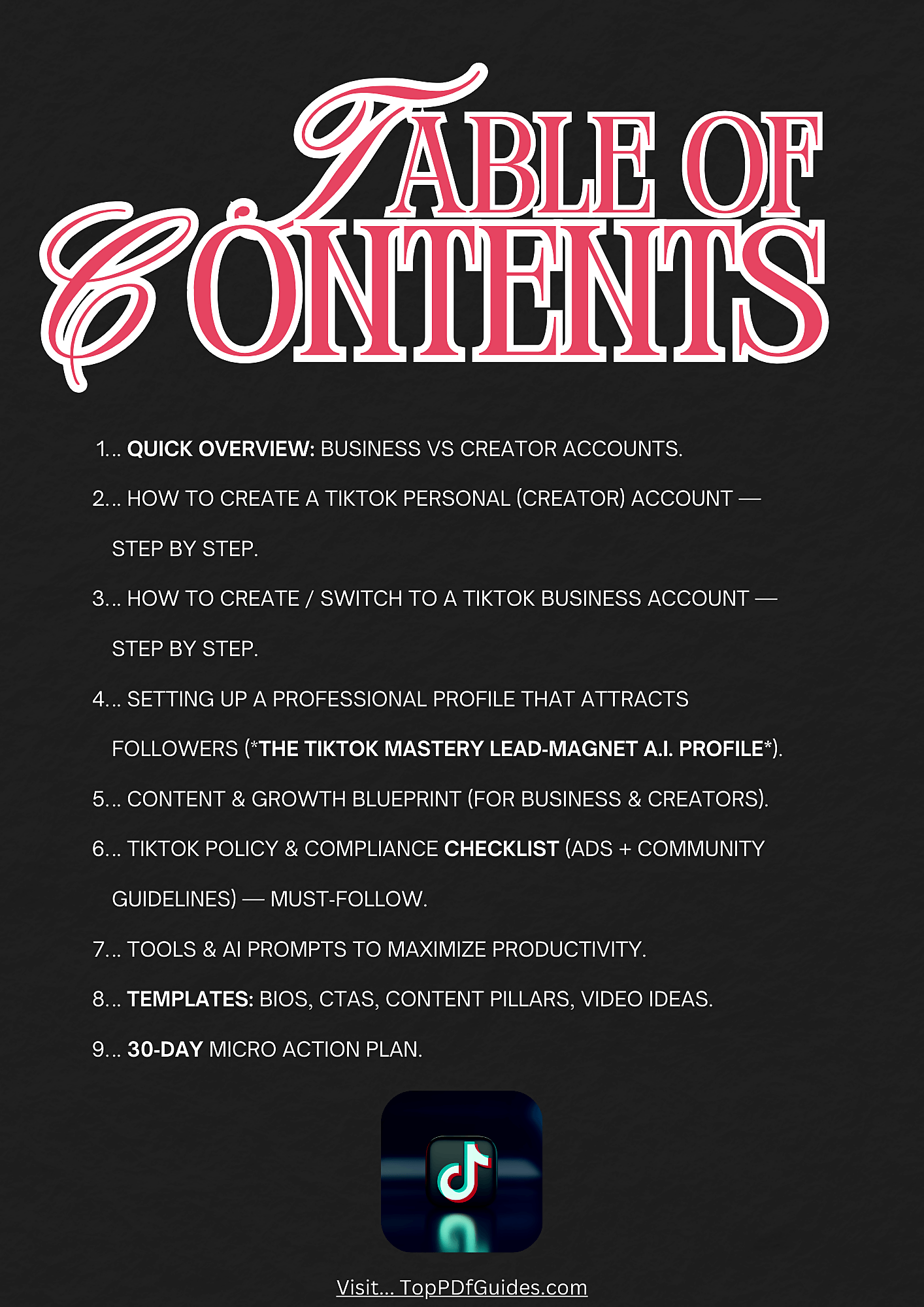 Table of contents for a TikTok guide on a black background with TikTok logo.