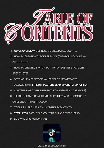 Table of contents for a TikTok guide on a black background with TikTok logo.